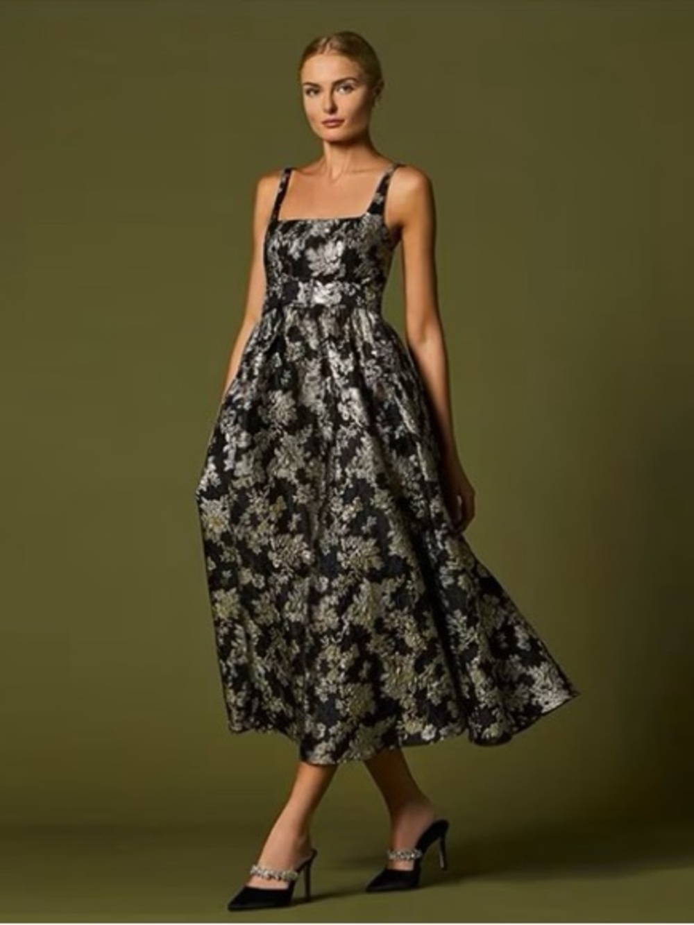 Antonio Melani Morgan Sleeveless Square Neck Jacquard A-Line Midi Dress NEW